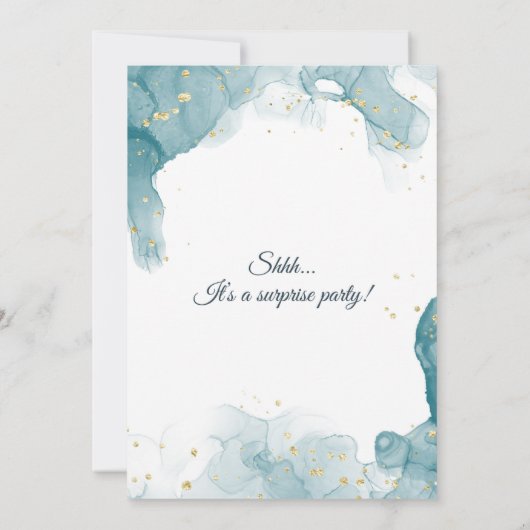 ティール（緑がかった色）と金ゴールドサプライズ誕生日パーティーへの招待 セーブザデート (裏面)