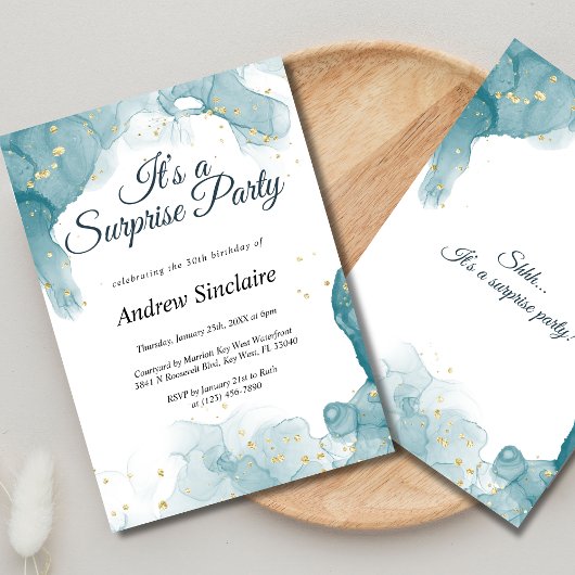 ティール（緑がかった色）と金ゴールドサプライズ誕生日パーティーへの招待 セーブザデート