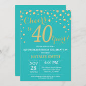 ティール（緑がかった色）と金ゴールドサプライズ40thバースデーダイヤモンド 招待状 (正面/裏面)