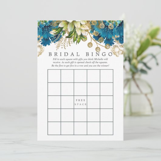 ティール(緑がかった色)と金ゴールドシャビーブライダルシャワービンゴ 招待状 (スタンド正面)