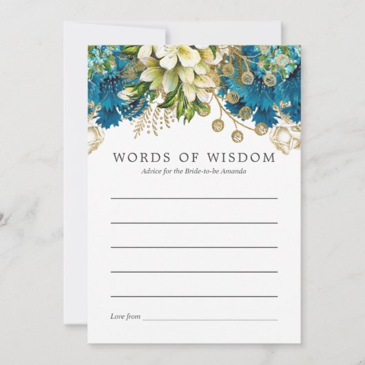 ティール（緑がかった色）と金ゴールドシャビーブライダルシャワーブライドアドバイス 招待状 (正面)
