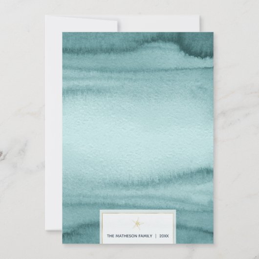 ティール（緑がかった色）と金ゴールドシーホースシーズ&グリーティングクリスマス シーズンカード (裏面)