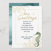 ティール（緑がかった色）と金ゴールドシーホースシーズ&グリーティングクリスマス シーズンカード (正面/裏面)