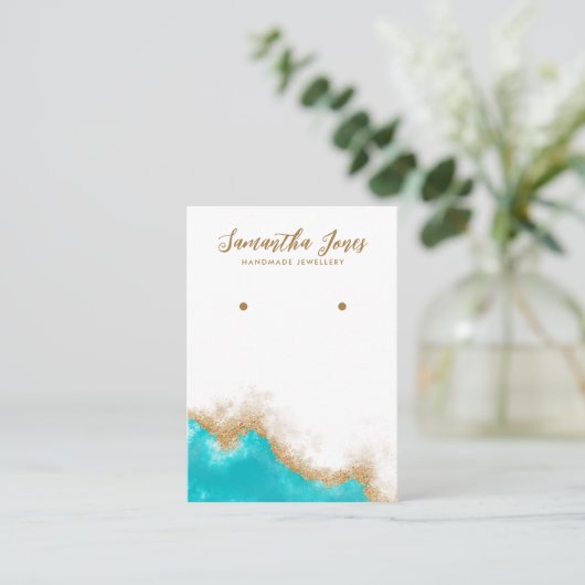 ティール(緑がかった色)と金ゴールドジェムシックジュエリーイヤリングディスプレイ 名刺 (スタンド正面)