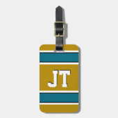 ティール（緑がかった色）と金ゴールドスポーツストライプズモノグラム ラゲッジタグ (正面縦)