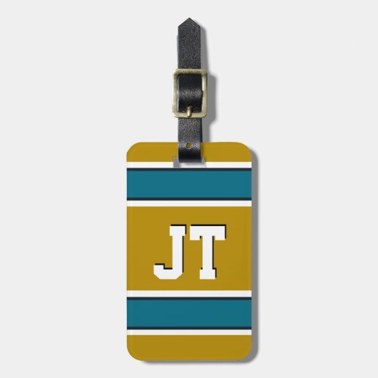 ティール（緑がかった色）と金ゴールドスポーツストライプズモノグラム ラゲッジタグ (正面縦)