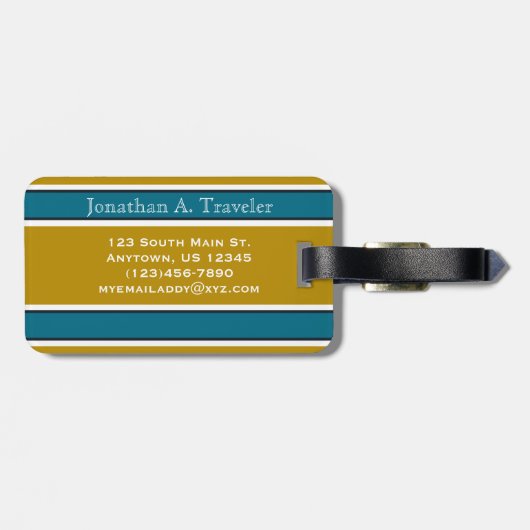 ティール（緑がかった色）と金ゴールドスポーツストライプズモノグラム ラゲッジタグ (裏面横)