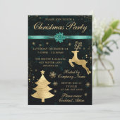 ティール(緑がかった色)と金ゴールドトナカイとツリーのクリスマスパーティー 招待状 (スタンド正面)