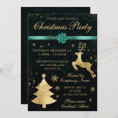 ティール(緑がかった色)と金ゴールドトナカイとツリーのクリスマスパーティー 招待状 (正面/裏面)