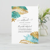 ティール（緑がかった色）と金ゴールドトロピカルオンラインバーチャル結婚ズ 招待状 (スタンド正面)