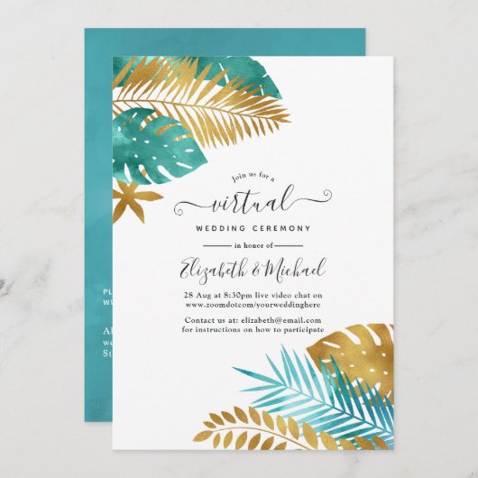ティール（緑がかった色）と金ゴールドトロピカルオンラインバーチャル結婚ズ 招待状 (正面/裏面)