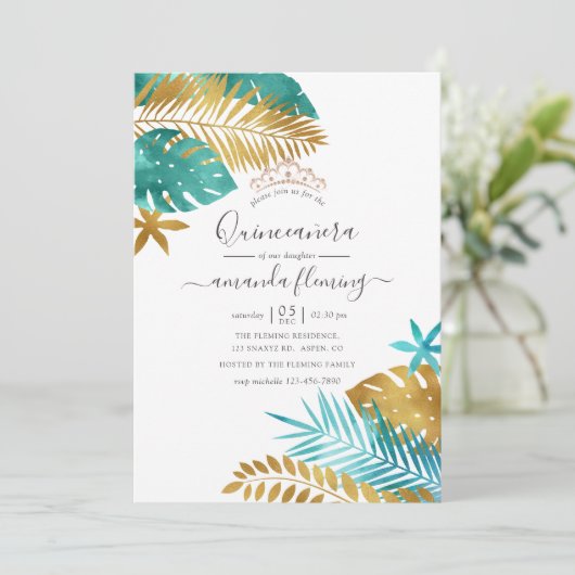 ティール(緑がかった色)と金ゴールドトロピカルキンセアニラ 招待状 (スタンド正面)