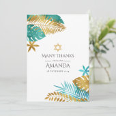 ティール(緑がかった色)と金ゴールドトロピカルバルミツワー サンキューカード (スタンド正面)