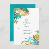 ティール(緑がかった色)と金ゴールドトロピカルバルミツワー 出欠カード (正面/裏面)