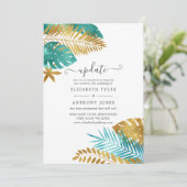 ティール(緑がかった色)と金ゴールドトロピカル結婚のアップデート 招待状 (スタンド正面)