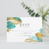ティール(緑がかった色)と金ゴールドトロピカル結婚ズ 出欠カード (スタンド正面)