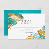 ティール(緑がかった色)と金ゴールドトロピカル結婚ズ 出欠カード (正面/裏面)