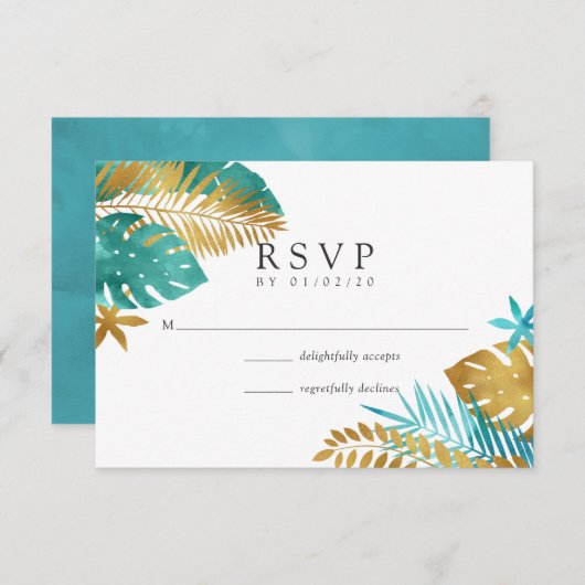 ティール（緑がかった色）と金ゴールドトロピカル結婚ズ 出欠カード (正面/裏面)
