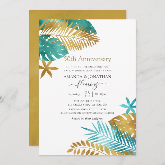 ティール(緑がかった色)と金ゴールドトロピカル50周年結婚を迎える 招待状 (正面/裏面)