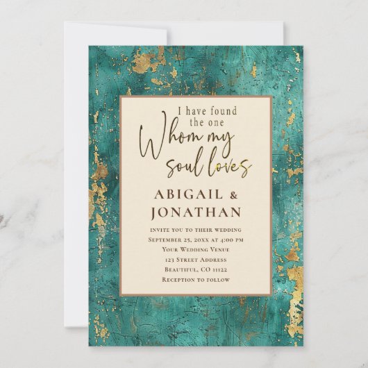 ティール(緑がかった色)と金ゴールドトーンバイブル聖句クリスチャン結婚ズ 招待状 (正面)