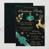 ティール（緑がかった色）と金ゴールドバウブル&リボンクリスマスパーティー 招待状 (正面/裏面)