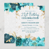 ティール（緑がかった色）と金ゴールドバラフローラ21歳 招待状 (正面/裏面)