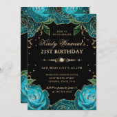 ティール（緑がかった色）と金ゴールドバラフローラ21st誕生日 招待状 (正面/裏面)