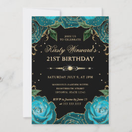 ティール（緑がかった色）と金ゴールドバラフローラ21st誕生日 招待状
