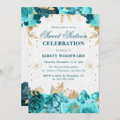 ティール(緑がかった色)と金ゴールドバラフローラSweet sixteenインビタ 招待状 (正面/裏面)