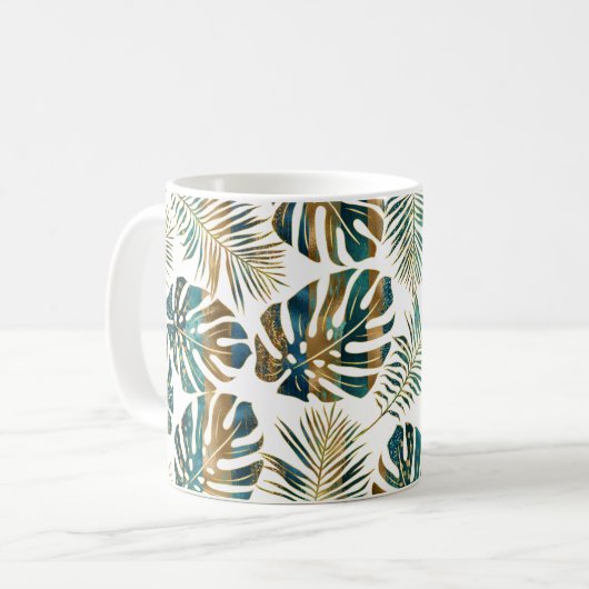 ティール(緑がかった色)と金ゴールドパターン(の模様が)あるの熱帯葉コーヒーマグ コーヒーマグカップ (正面左)