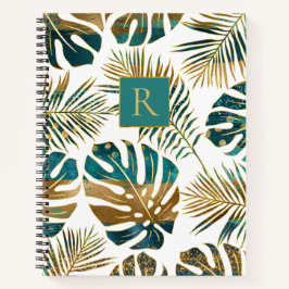 ティール（緑がかった色）と金ゴールドパターン（の模様が）あるの熱帯葉，モノグラム ノートブック