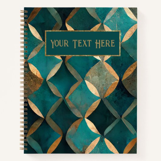 ティール（緑がかった色）と金ゴールドパターン ノートブック (正面)