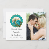 ティール（緑がかった色）と金ゴールドパリアールデコ結婚バラの写真 セーブザデート (正面)