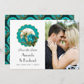 ティール(緑がかった色)と金ゴールドパリアールデコ結婚バラの写真 セーブザデート (正面/裏面)