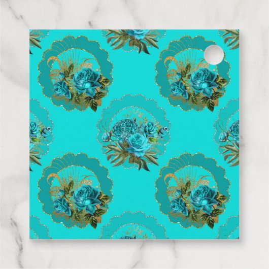 ティール(緑がかった色)と金ゴールドパリアールデコ結婚バラ フェイバータグ (裏面)