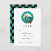 ティール(緑がかった色)と金ゴールドパリアールデコ結婚バラ 出欠カード (正面/裏面)