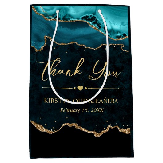 ティール（緑がかった色）と金ゴールドフェイクグリッターアゲートキンセアニェラ ミディアムペーパーバッグ (正面)