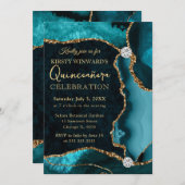 ティール（緑がかった色）と金ゴールドフェイクグリッターアゲートキンセアニェラ 招待状 (正面/裏面)