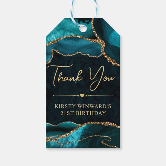 ティール（緑がかった色）と金ゴールドフェイクグリッターアゲート誕生日パーティー ギフトタグ (正面)