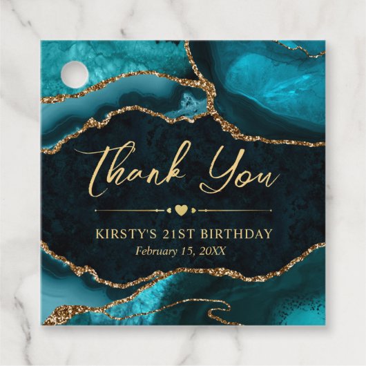 ティール（緑がかった色）と金ゴールドフェイクグリッターアゲート誕生日パーティー フェイバータグ (正面)