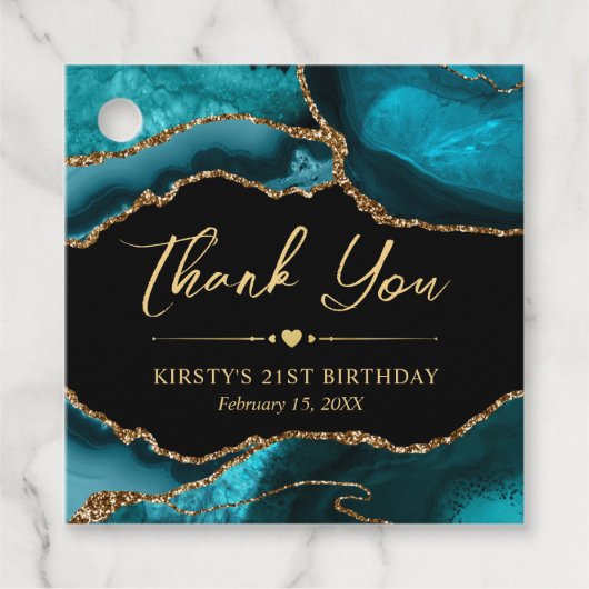 ティール（緑がかった色）と金ゴールドフェイクグリッターアゲート誕生日パーティー フェイバータグ (正面)