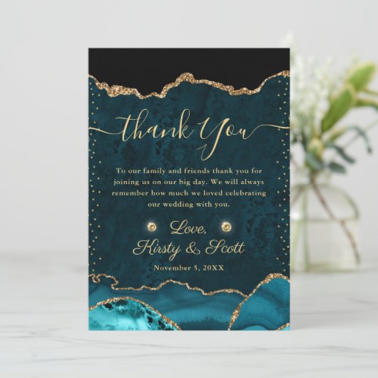 ティール（緑がかった色）と金ゴールドフェイクグリッターアゲ結婚ート サンキューカード (スタンド正面)