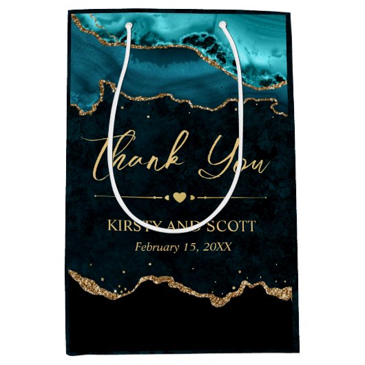 ティール（緑がかった色）と金ゴールドフェイクグリッターアゲ結婚ート ミディアムペーパーバッグ (正面)