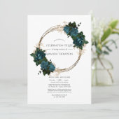 ティール(緑がかった色)と金ゴールドフローラお祝いのLife Photo Inv 招待状 (スタンド正面)
