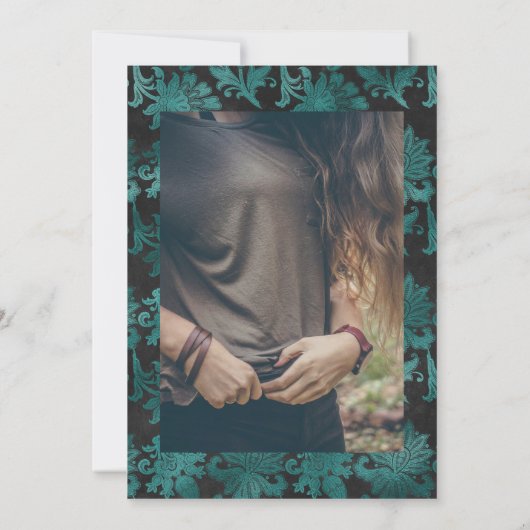 ティール(緑がかった色)と金ゴールドフローラお祝いのLife Photo Inv 招待状 (裏面)