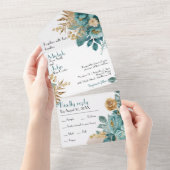 ティール（緑がかった色）と金ゴールドフローラすべて1つの結婚式の招待 オールインワン招待状 (貼ってはがせる)