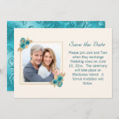 ティール（緑がかった色）と金ゴールドフローラウェディングRSVP セーブザデート (正面/裏面)