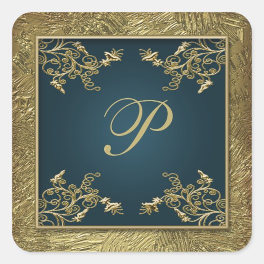 ティール(緑がかった色)と金ゴールドフローラモノグラム結婚のステッカー2 スクエアシール (正面)
