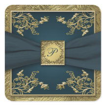 ティール（緑がかった色）と金ゴールドフローラモノグラム結婚のステッカー