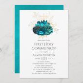ティール（緑がかった色）と金ゴールドフローラ第一聖餐式 招待状 (正面/裏面)